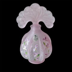 Fenton Pink Glass Perfume Bottle // Handpainted Melon Shape Embossed Fan Stopper